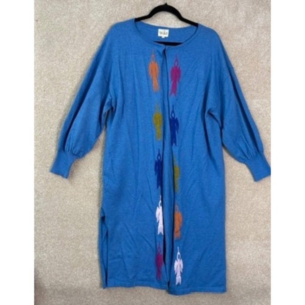 WILD Longline Cardigan Women's Size S/M Blue Angel Intarsia Knit Whimsy Artsy